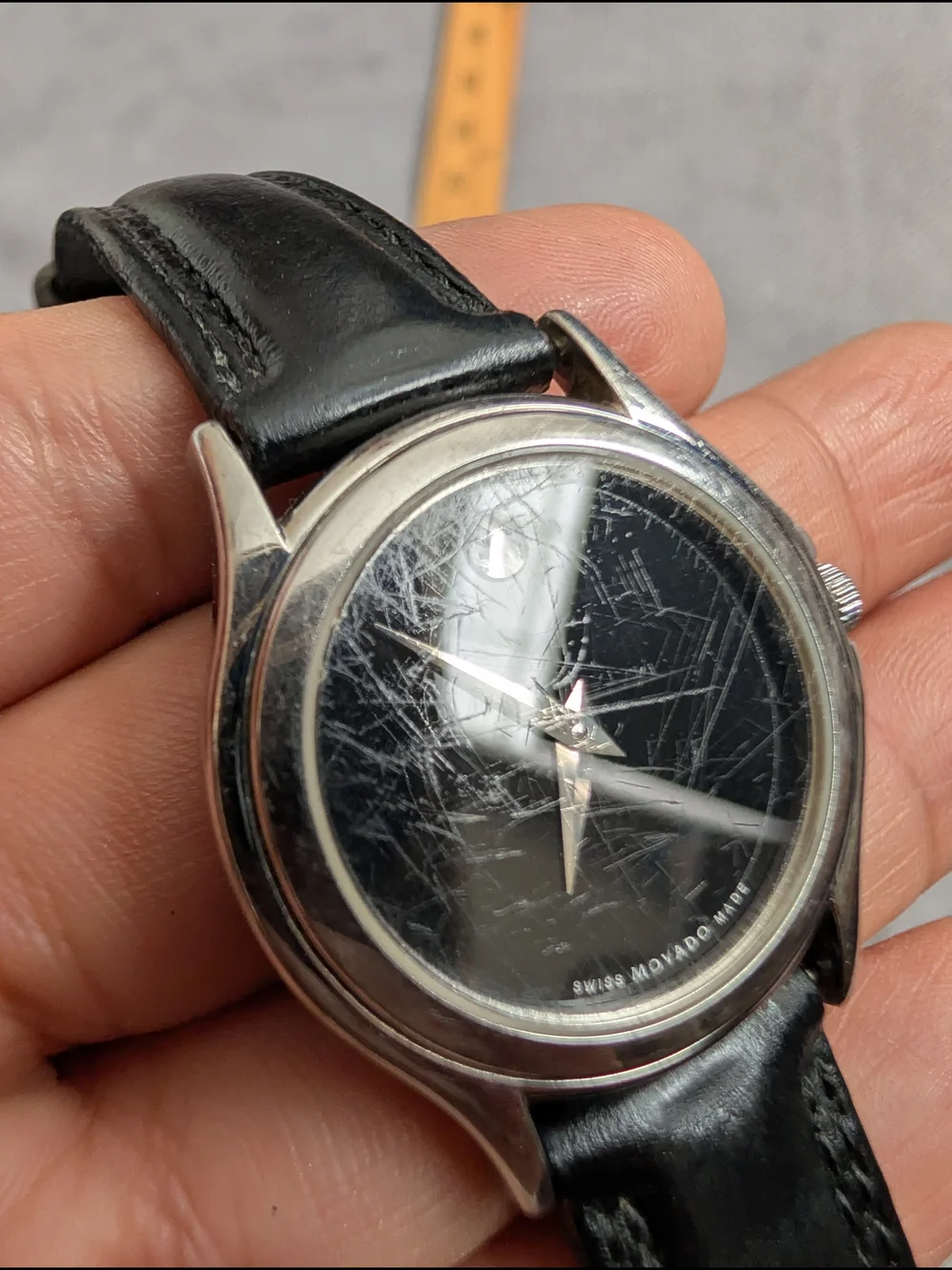 Movado Museum Black Dial Stainless Steel Watch with Black Leather Strap
